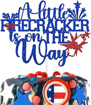 A Little Firecracker is on the Way Cake Topper, Baby is Almost Due, Fourth of July Baby Shower Gender Reveal Pregnancy Announcement First Birthday Party Decorations Supplies for Boy Girl