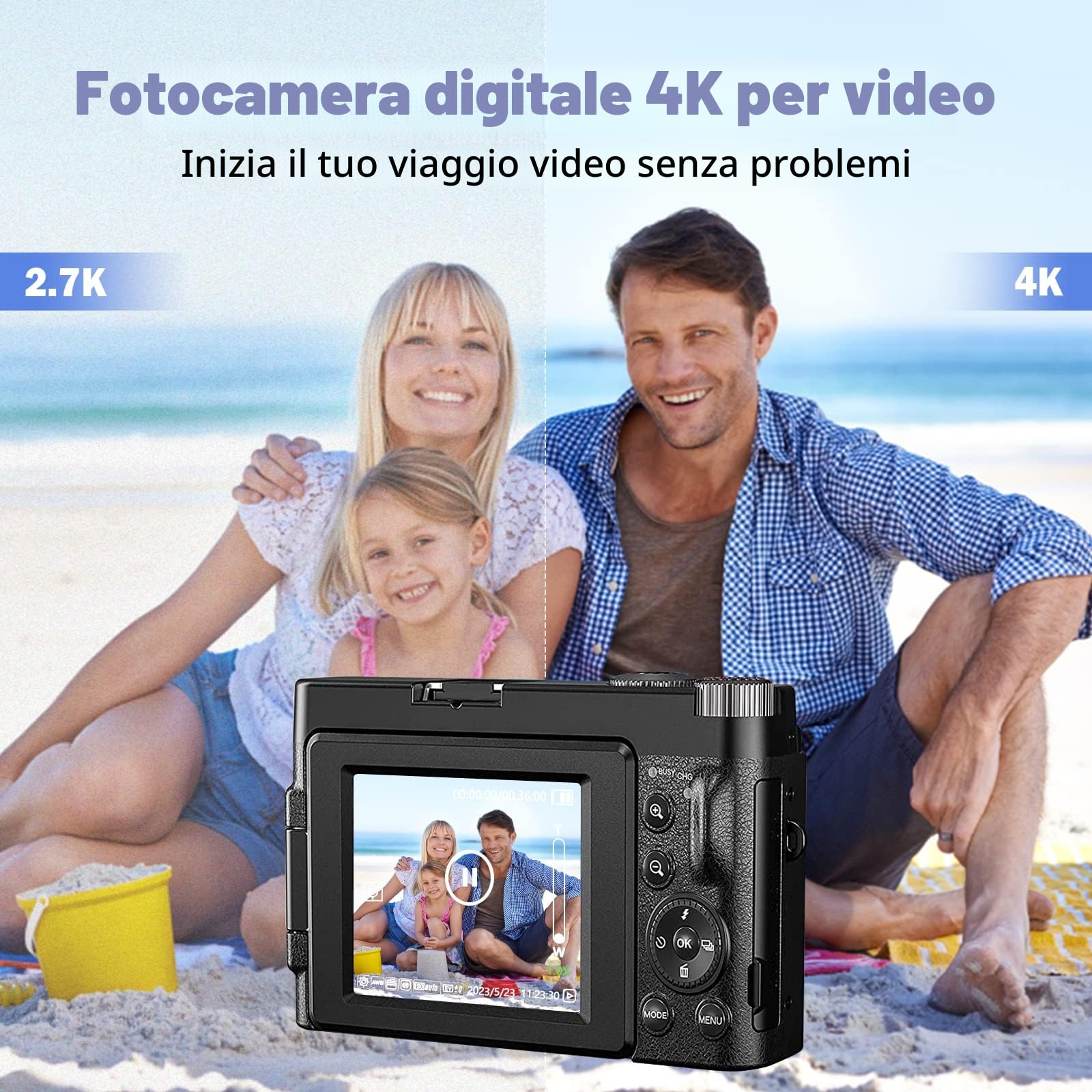 CCN Fotocamera Digitale 4K 48MP, Fotocamera con schermo 3.0" ribaltabile a 180°, fotocamera compatta con zoom digitale 16X, obiettivo grandangolare e obiettivo macro, scheda TF da 64GB, WiFi, nero