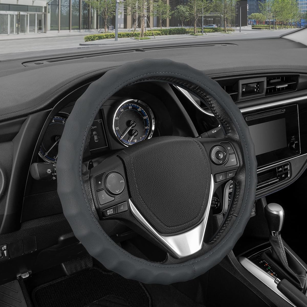 Leather Car Steering Wheel Cover Size 13.5 to 14 inch, Easy Installation, Small, Gray