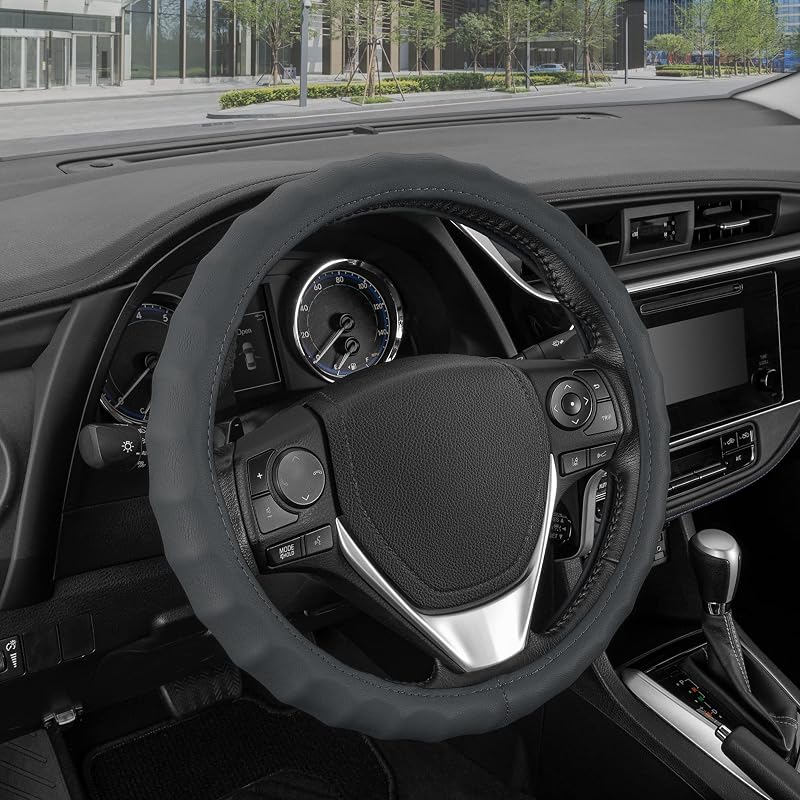 Leather Car Steering Wheel Cover Size 13.5 to 14 inch, Easy Installation, Small, Gray