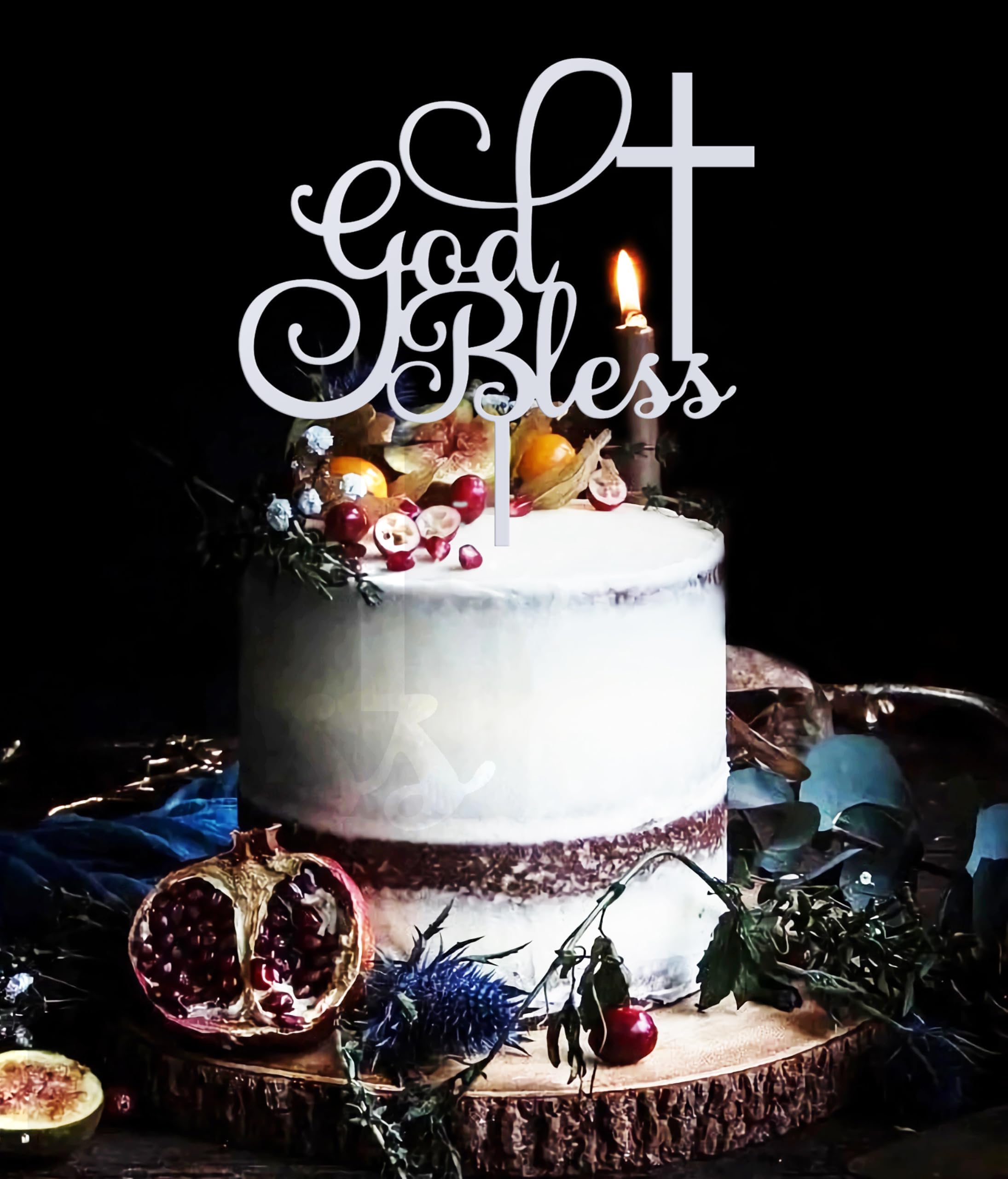 God Bless Cake Topper - Glitter Silver Acrylic Baptism Cake Decorations, Cross Cake Pick (Silver)