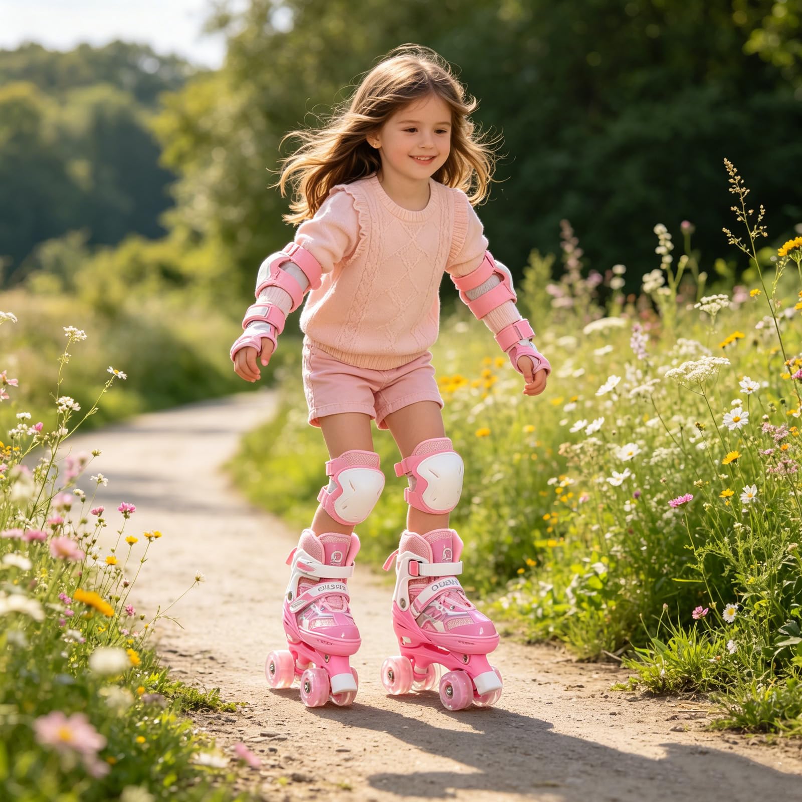 OHMG Roller per bambini, bambine e ragazzi, pattini a rotelle per bambini, 4 dimensioni regolabili, pattini a rotelle per bambini con 8 ruote luminose, pattini a rotelle per bambini per principianti