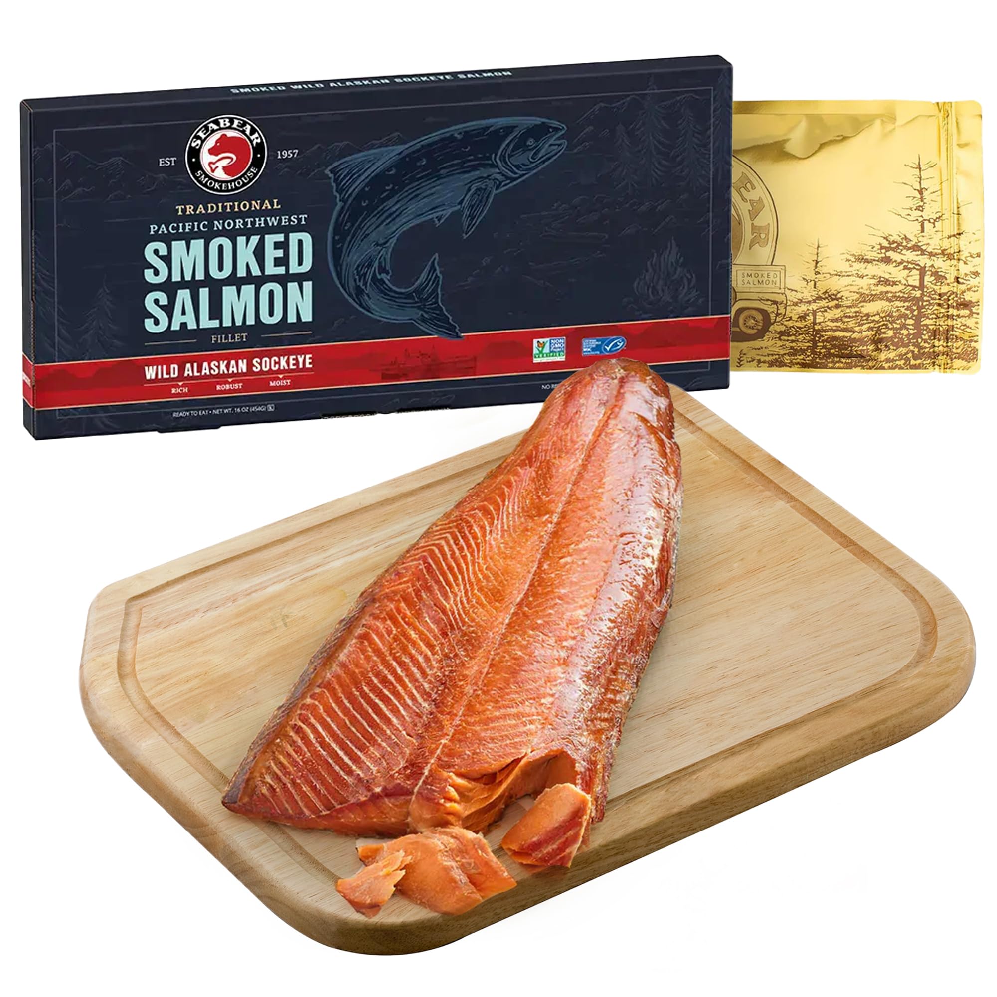 SeaBear Smoked Wild Sockeye Salmon 1 Lb Fillet Gift Box – Wild Caught Alaska Sockeye Fillet, Shelf Stable, Ready to Eat, 1 Pound Filet