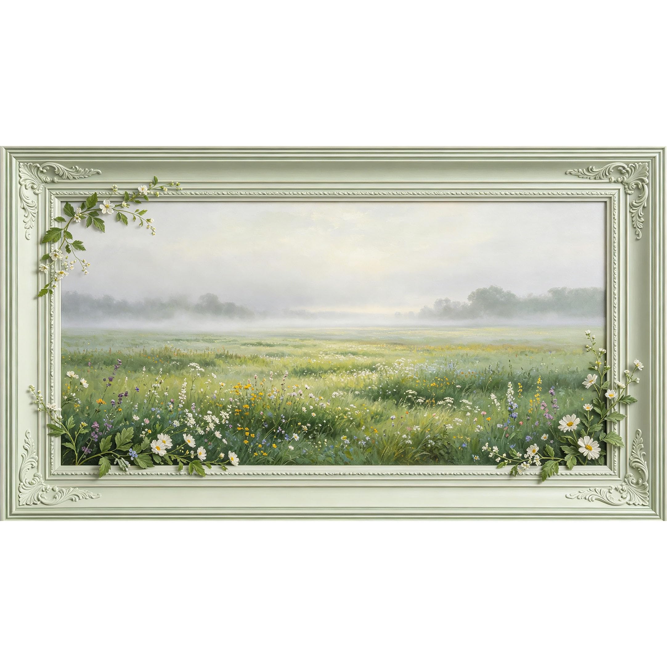 QZLITHOTIC 50x90cm3D Framed Wall Art， Misty Meadow Landscape Botanical Self‑Adhesive Mural， Water‑Activated Peel & Stick Fabric Decor Wall Decal for Bedroom Living Room