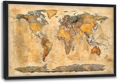 Arte de pared enmarcado de mapa del mundo extra grande para sala de estar, mapa vintage de gran tamaño del mundo, cuadros decorativos de pared,