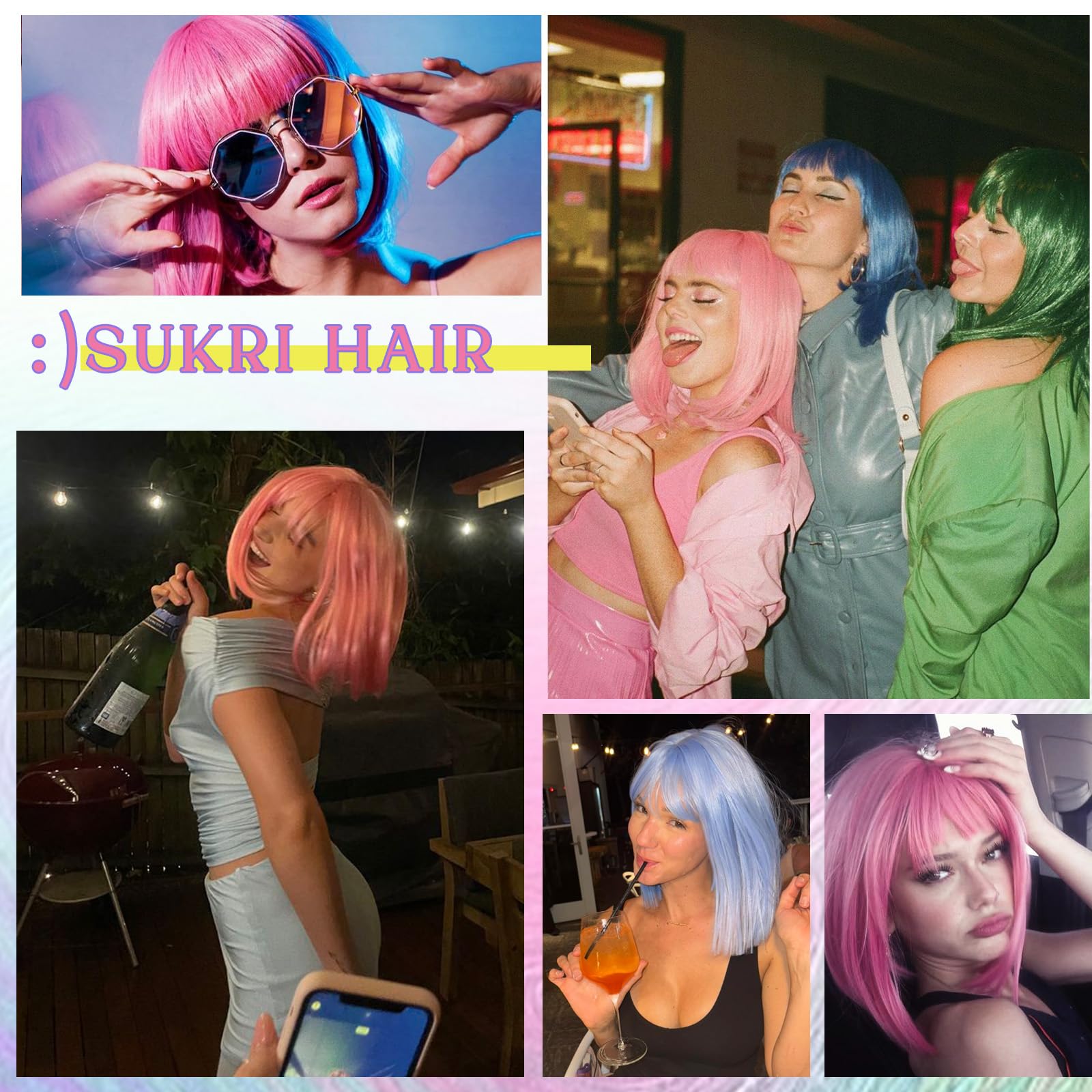 SUKRI Pink Bob Wig with Bangs, 12-Inch Heat-Resistant Synthetic Hair