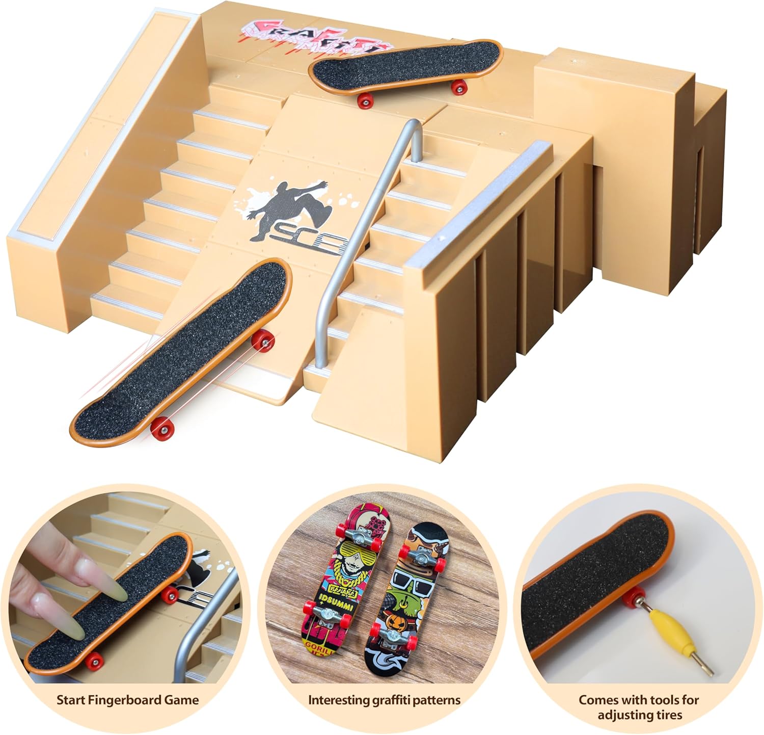 8-in-1 Fingerboard Skate Park Kit with 2 Mini Fingerboards, DIY Finger Skateboard Ramp Set for Kids Ages 5+