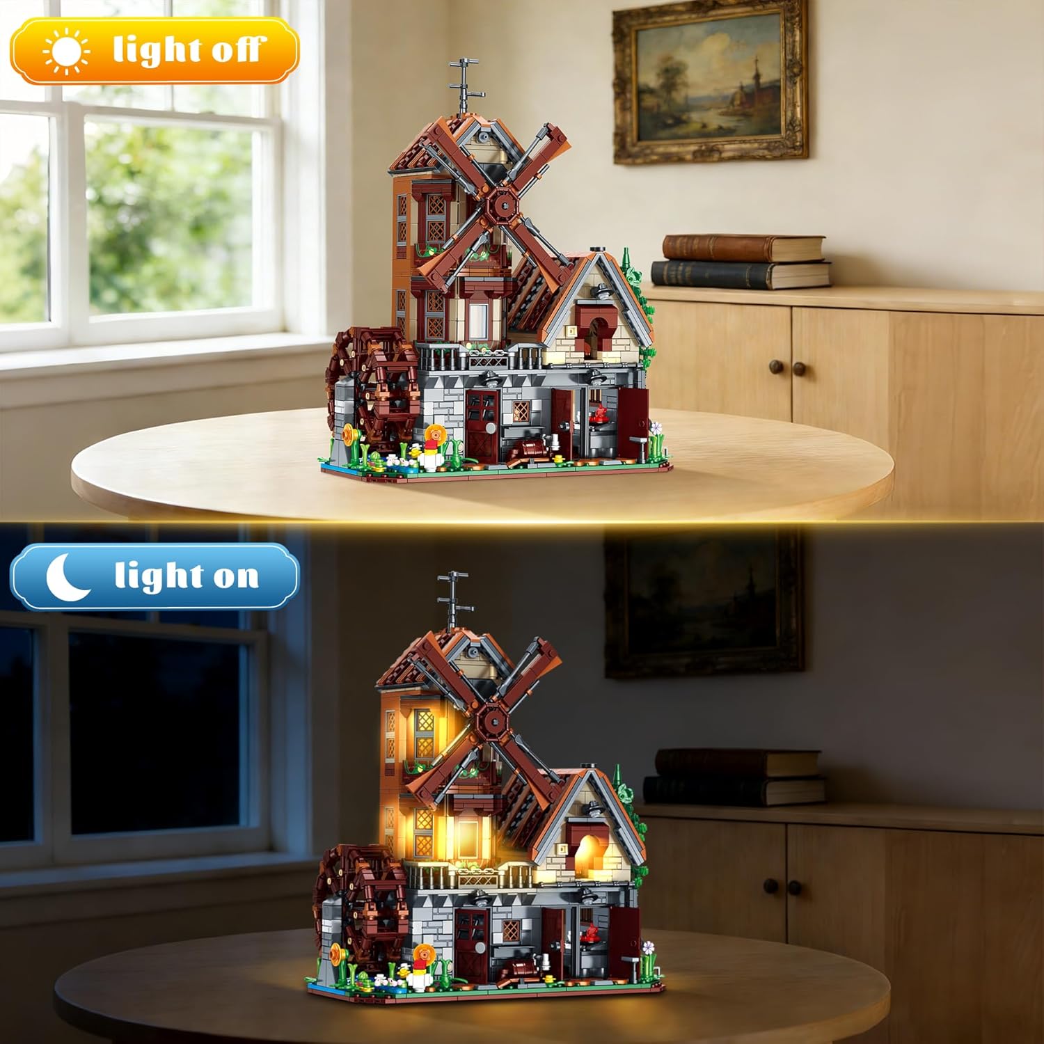 Medieval Wood Cabin Building Set with Light, Wooden Forest House Blocks Toy with Rotating Windmill Waterwheel Castle Architecture Modular Ideal Gift for Adults Teens 14+