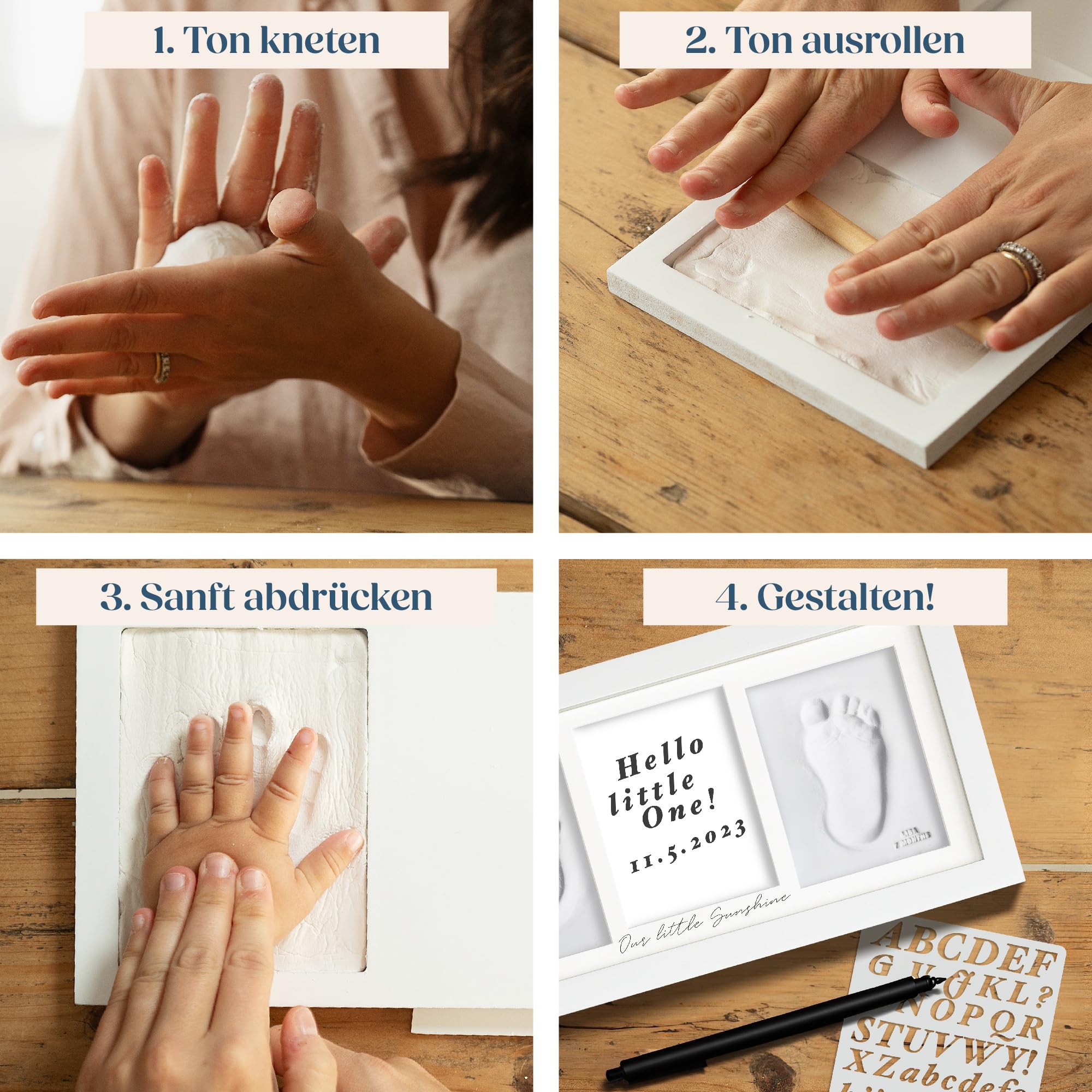 Baby Hand- Und Fußabdruck Set - Mit Holzrahmen & Babysicherem Ton