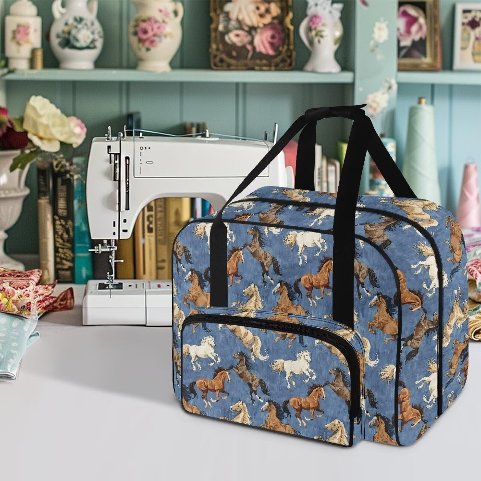 YUVAMAGIMO Horses Sewing Machine Carrying Case with Front Pocket Sewing Machine Covers Portable Travel Organizer Bag with Handles for Sewing Machine and Extra Sewing Accessories