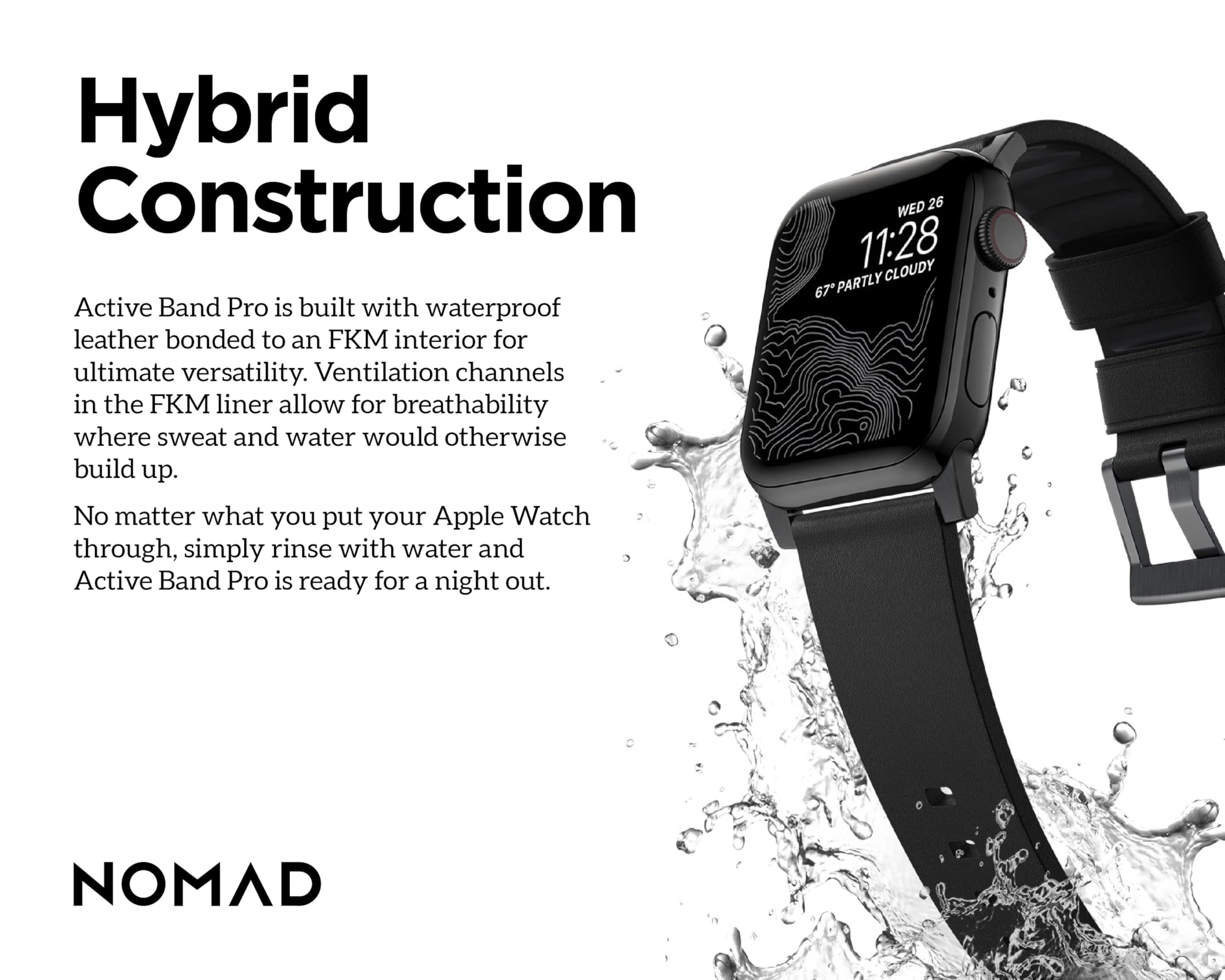 NOMAD Modern Strap Black Connector Black Active Leather Pro strapazierfähiges Uhrenarmband aus Leder und Kunststoff FKM für die Apple Watch 42/44/45/49mm in schwarz mit schwarzen Schnallen