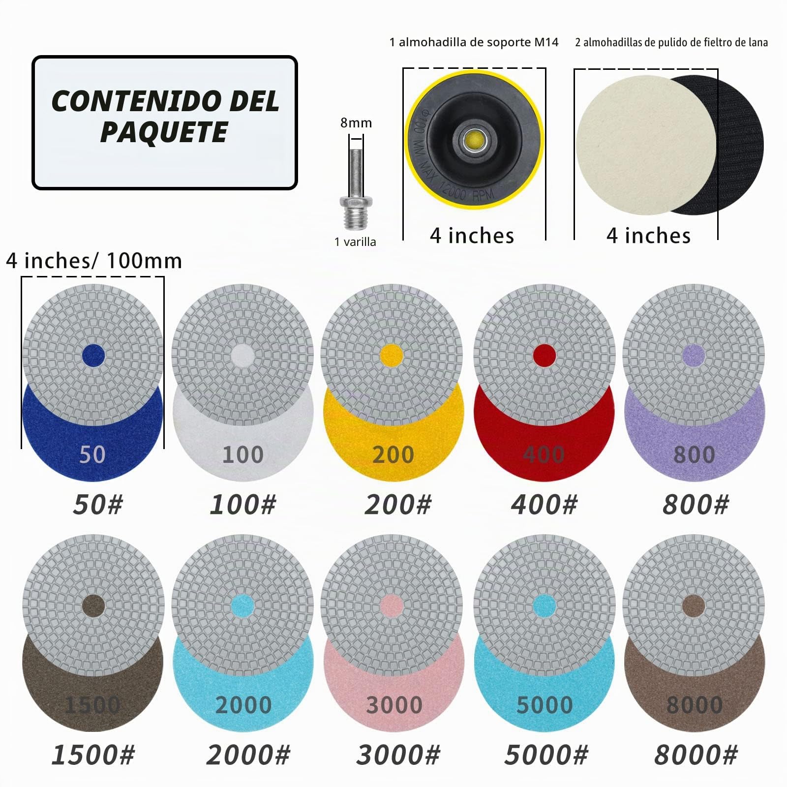 Diamante almohadilla de pulido 14 piezas kit de almohadilla de pulido húmedo de diamantes 100mm disco diamante para pulir pulidoras de diamante accesorios para abrillantar mármol granito piedra