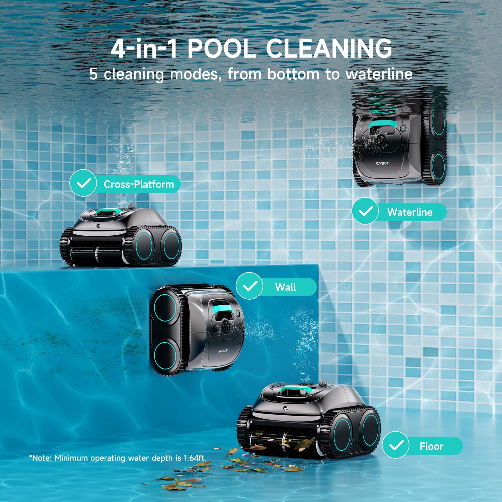 (2026 Upgrade) WYBOT C1 Pool Vacuum Robot for Above Ground & Inground Pool, 150mins Cordless Pool Cleaner, 4-in-1 Wall/Waterline/Platform Cleaning up to 1,614 sq.ft, Smart Navigation, App Control — view 3