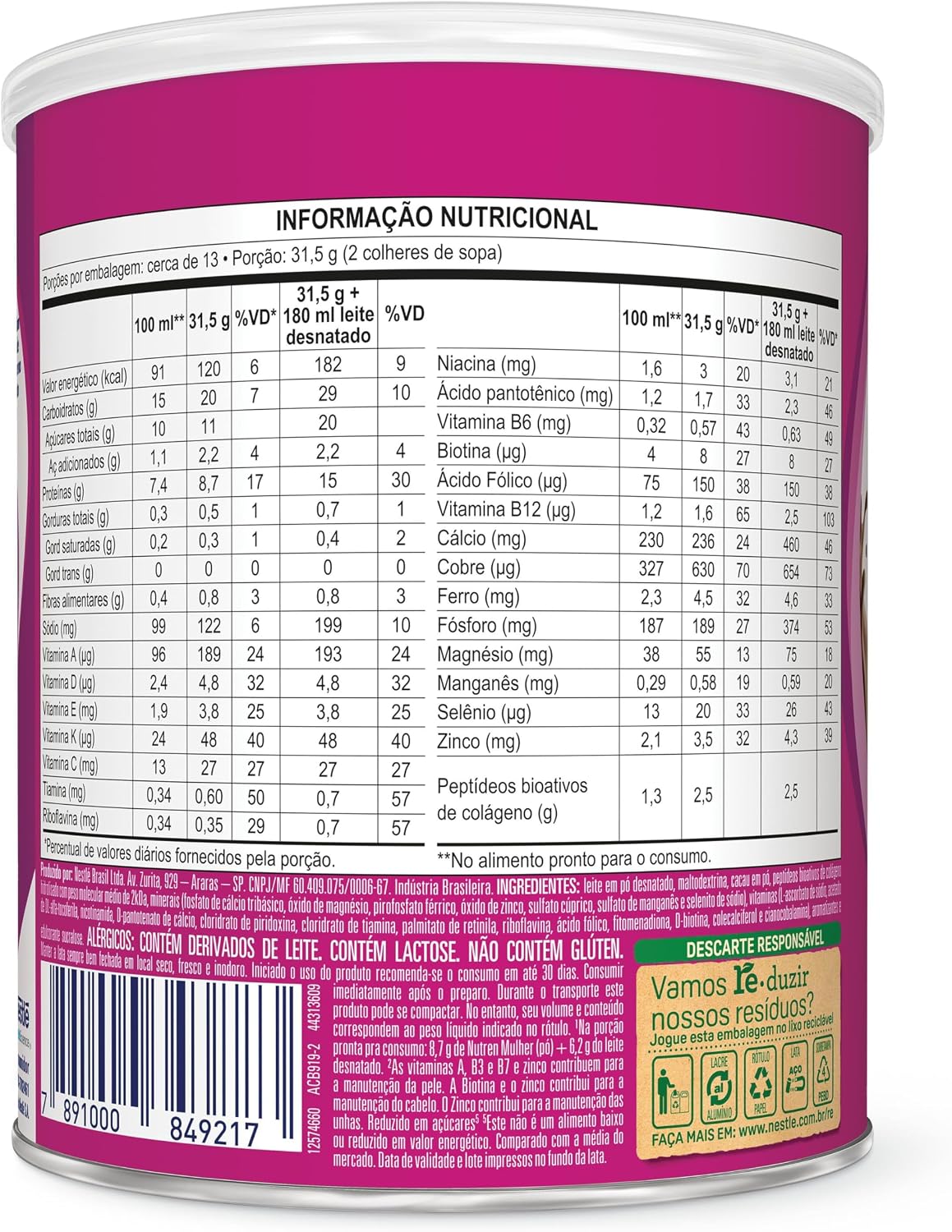 Nutren Suplemento Alimentar Beauty Dark Chocolate 400G