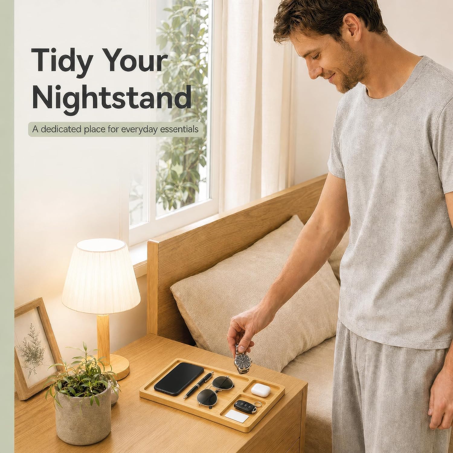 Bamboo Wood Valet Tray, Nightstand Organizer Office Desk EDC Key Watch Tray image 5