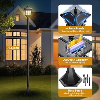 PARTPHONER 78 Solar Lamp Post Light Outdoor 2 Pack, Black Waterproof Post Solar Street Lights, Pole Light Decorative for Yard Garden Patio Lawn Driveway (Bulbs Included)