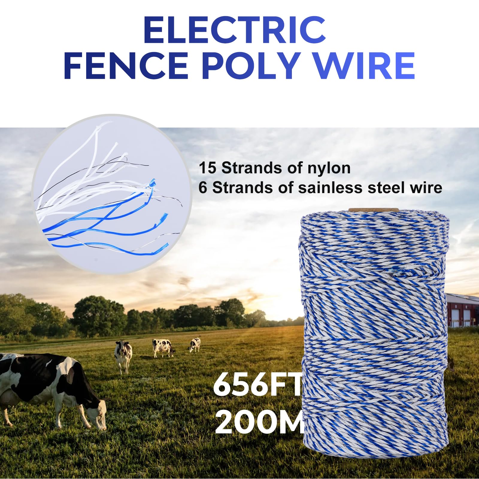 Cuerda para Cerca Eléctrica, Hilo Polifilamento Eléctrico, 6 Hilos de Acero Inoxidable + 15 Trenzas de PE, Cuerda Conductora Azul y Blanca (200m) + 50 Aisladores + 1 Guía de Atornillado
