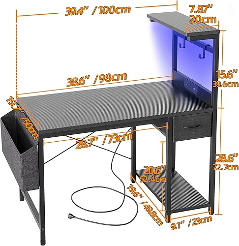 Miniatura 3 de TIQLAB Escritorio para juegos de 40 pulgadas con toma de corriente y luz LED, escritorio de computadora con estantes reversibles y cajón de