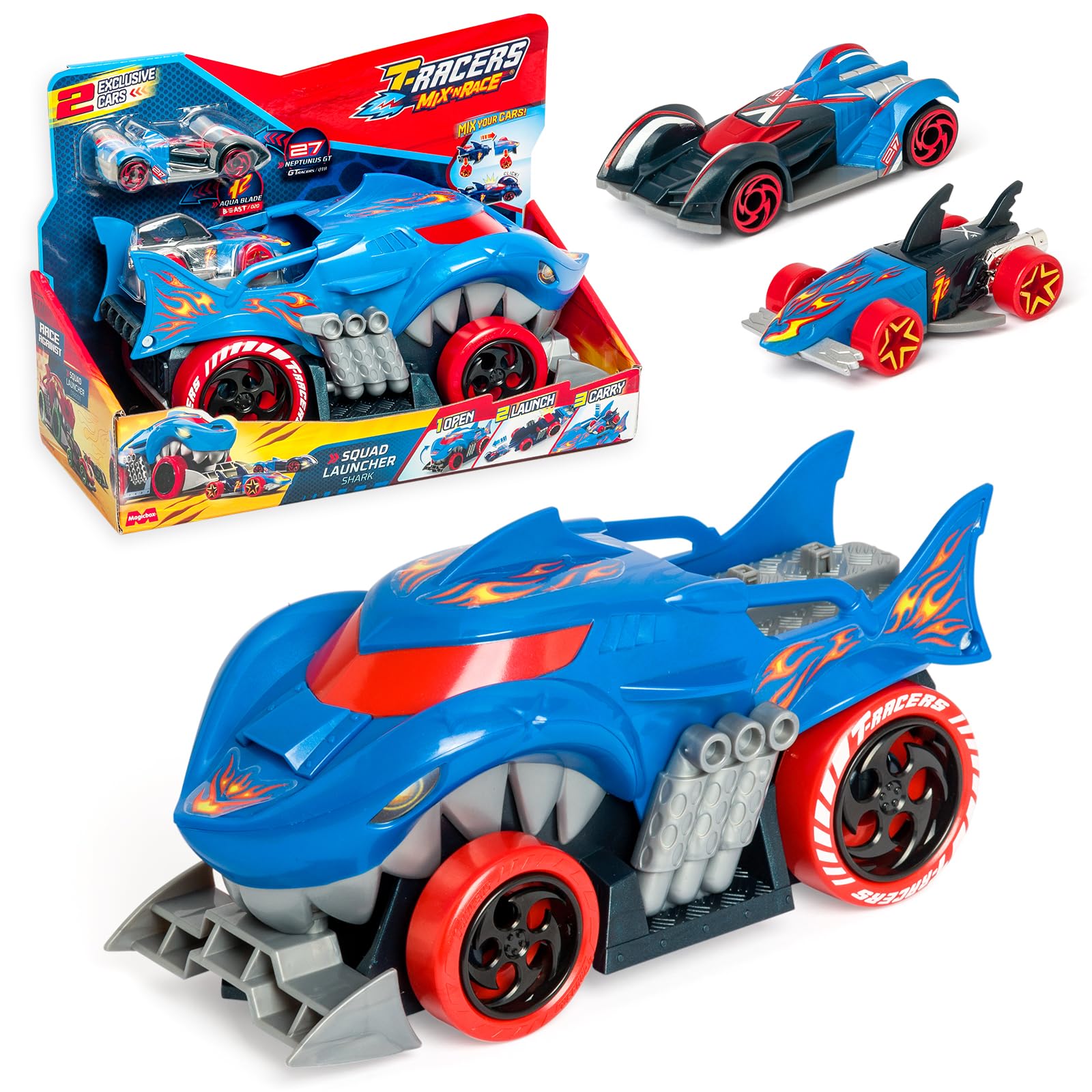 T-Racers Mix 'N Race Squad Launcher Shark – Camión tiburón Que se transforma en Lanzador. Incluye 2 vehículos T-Racers exclusivos, Zona para lanzar vehículos y Zona para Transportar 2 vehículos