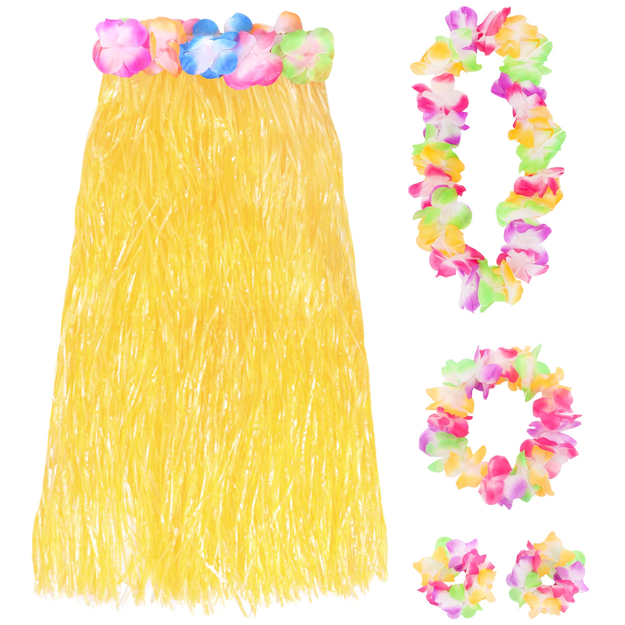 Yellow Hawaiian Hula Skirt and Multicoloured Lei Set X1 - Flower Necklace, Headband and Bracelet - 80cm Grass Hula - Luau - Fancy Dress Costume Accessory โ image 1