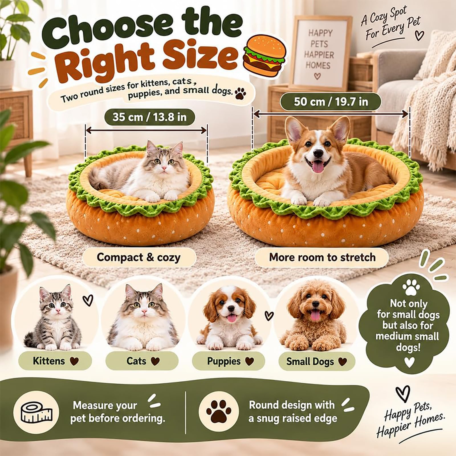 Generisch Hamburger Hundebett, Süßes Interaktives Haustiernest In Hamburgerform (Mit Spielzeug,35CM)