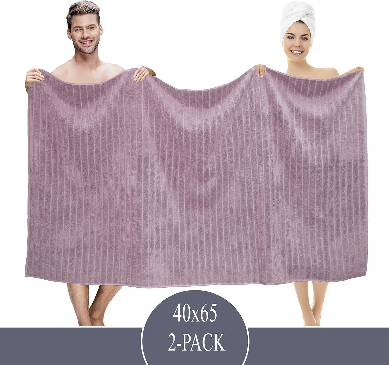 Classic Turkish Towels - Extra Large Premium Cotton Bath Sheet Set - Thick and Absorbent, Ribbed 2-Piece Luxury Bathroom Towels, 40x65 inches, 100% Turkish Cotton (Mauve)