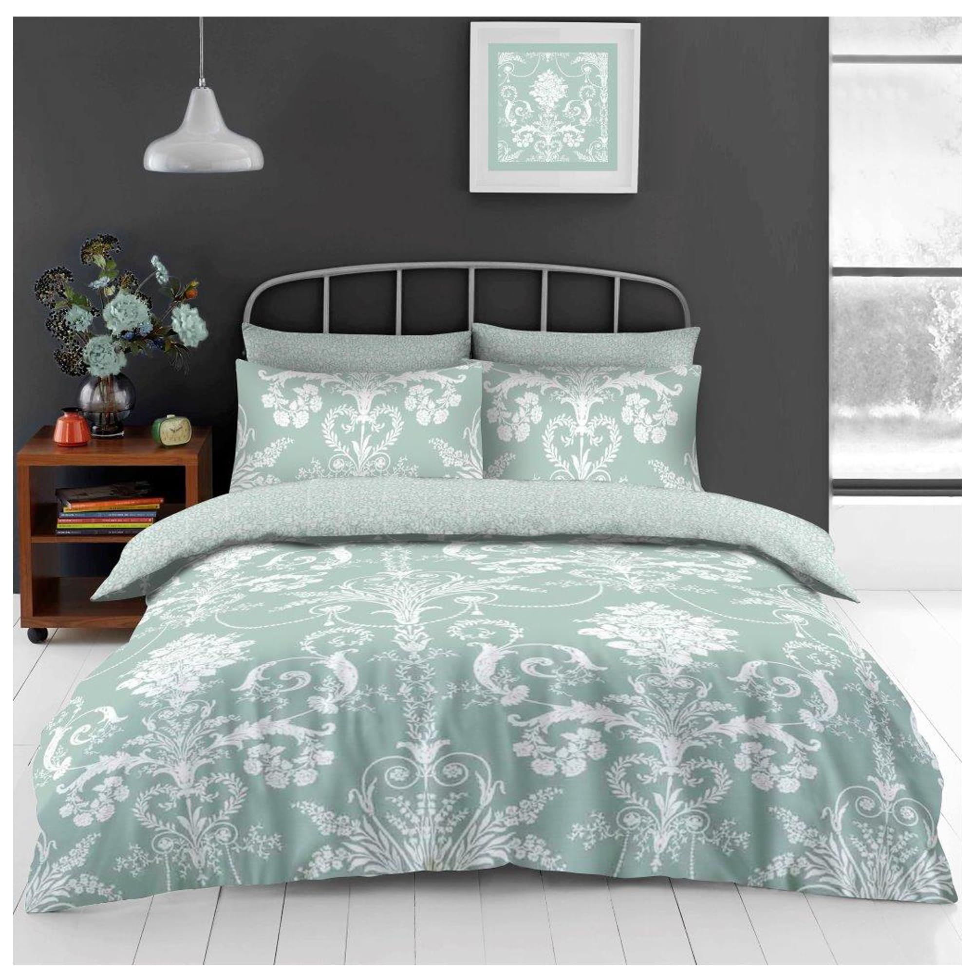 Lions 3 Piece Green Paisley Complete Bedding - Poly Cotton Single Duvet Cover Set with Matching Pillowcase and Fitted Sheet. Reversible Soft Floral Printed Quilt Covers, Easy Care