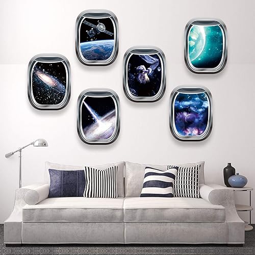 Miniatura 5 de Blulu 6 calcomanías 3D de cápsula espacial para ventana, decoración de pared para ventana, póster de naves espaciales, mural de astronauta, galaxia,
