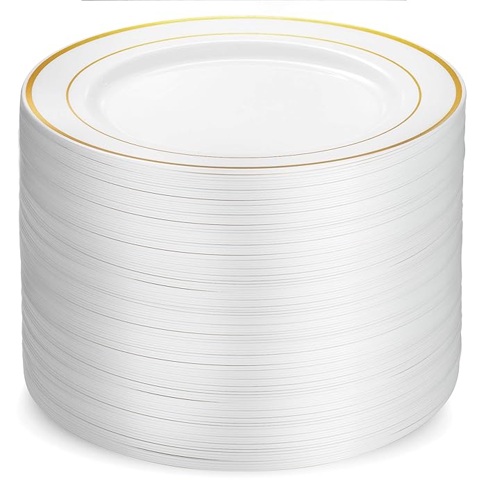 Buy 100 Piece Plastic Party Plates White Gold Rim, Premium Heavy Duty