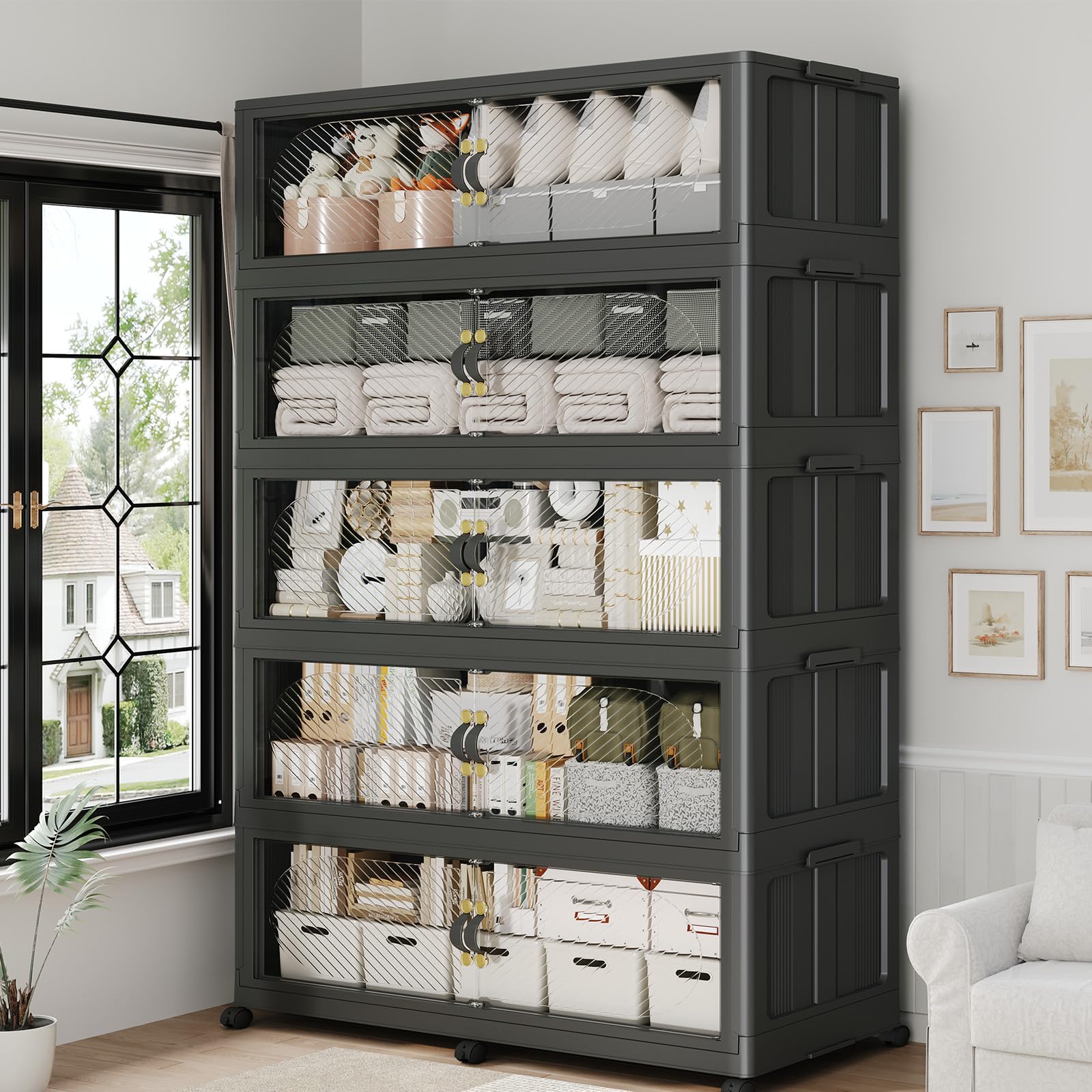 HOMJNIU 300GAL/1200QT Plastic Storage Bins with Lids & Wheels, Collapsible Stackable Storage Boxes, Large Folding Cabinet Organizers for Closet Home