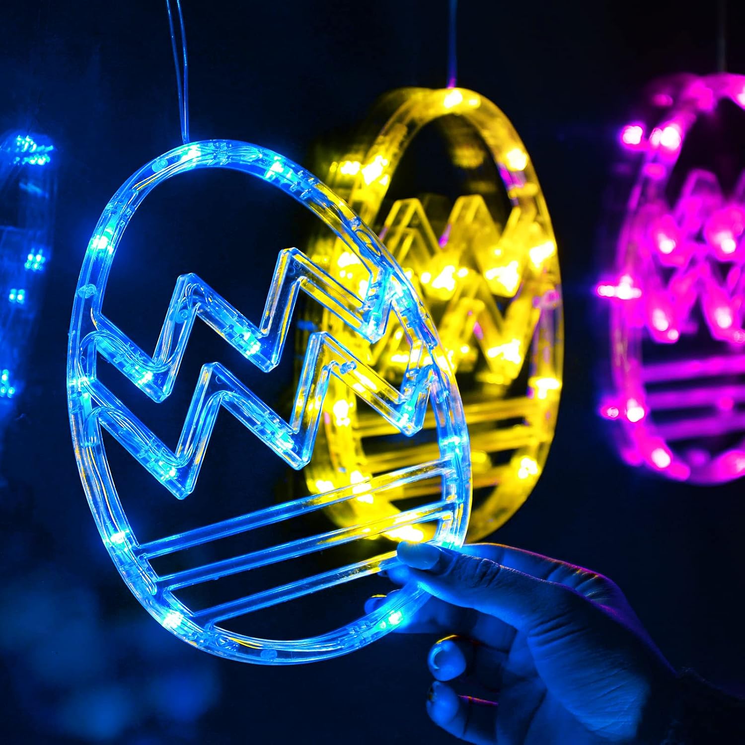 LOLStar Easter Window Lights, Easter Window Decorations,3 Pack Easter Eggs Shaped Blue Pink Yellow Hanging String Lights With Suction Cup,Battery Operated Indoor Lights for Easter Home Farmhouse Decor