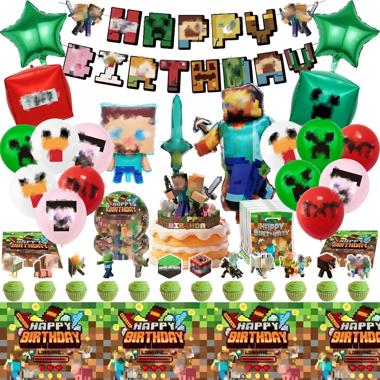 Birthday Party Decorations Tableware Supplies, 74pcs Cartoon Happy Birthday Decorations with Banner, Foil Balloons, Cake Topper, Plates, Napkins, Tablecloth, Party Bags