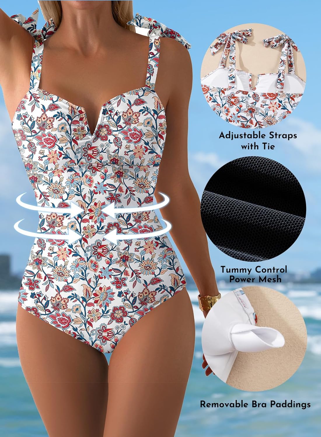 Aleumdr Women's One Piece Swimsuits Tummy Control Bathing Suits V Neck Boho Tie Shoulder Ruched Full Coverage Swimwear - Image 5