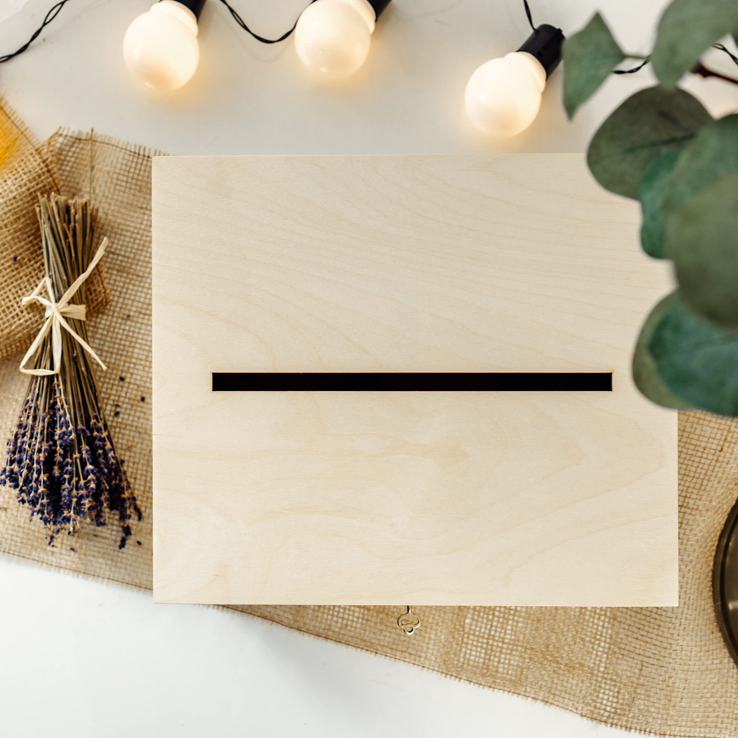 Creative Deco Boite en Bois pour Enveloppes | 29 x 25 x 15 cm | Bois Naturel | avec Couvercle et Clé | Boîte pour Occasions Spéciales | Urne Anniversaire | Mariage | Boite a Souvenirs, Cartes Lettre