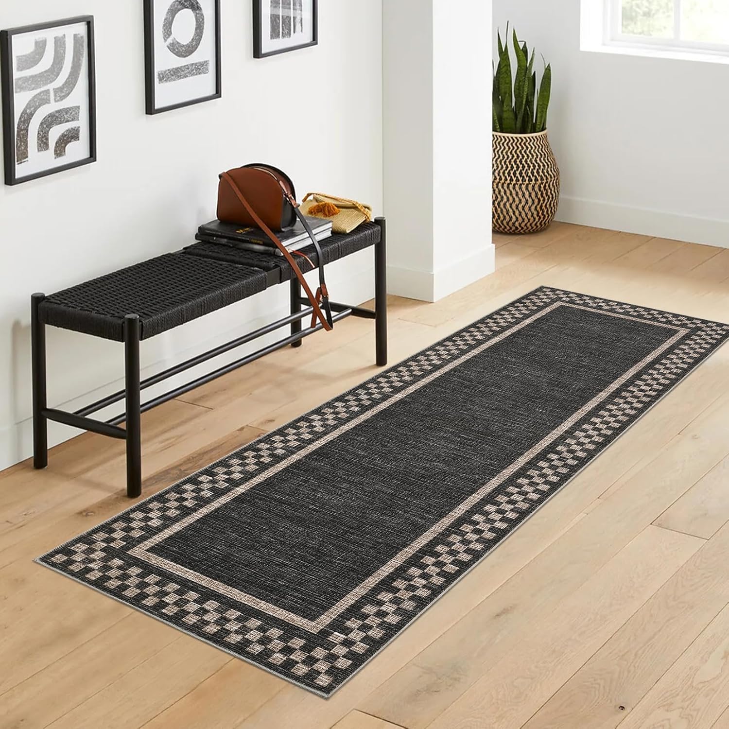 GarveeHome Runner Rug 2x6 for Kitchen Non Slip Washable Hallway Runner Rugs Modern Bordered Bathroom Throw Mat Soft Non Shedding Checkered Runners Geometric Area Rug for Bedside Living Room, Black - Image 9