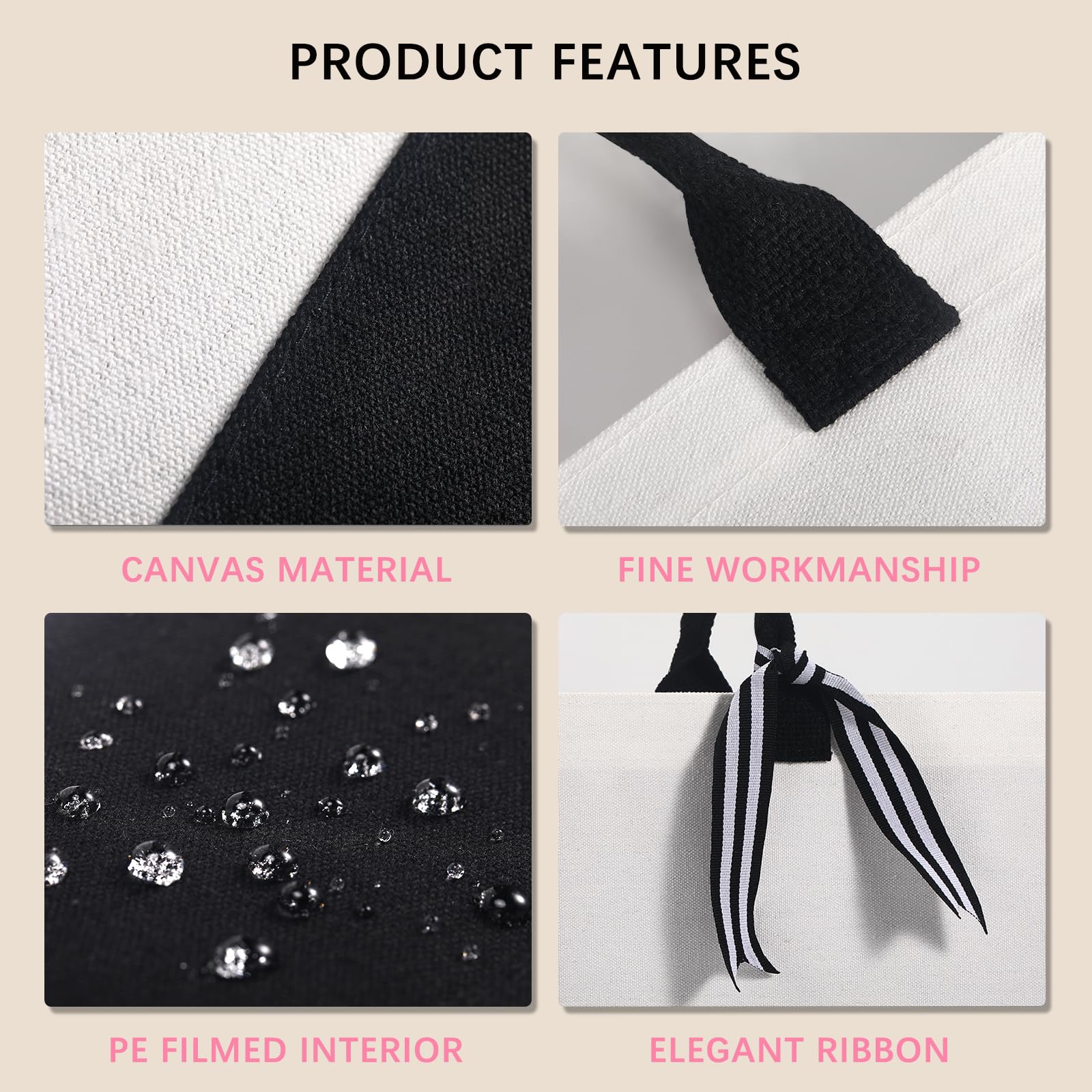 OKBA 10 PCS Personalized Classic Canvas Tote Bag(Black and White), Inside Zipper Pocket Grocery Tote DIY Gift, for Wedding, Birthday, Beach, Perfect Gifts for Women, Mom, Teachers, Friends - Image 4