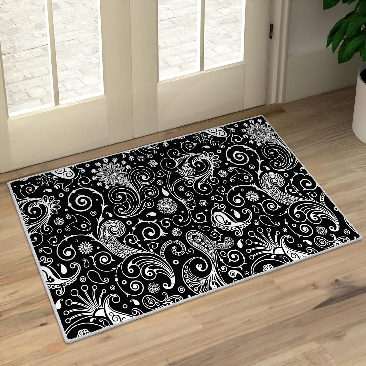 Boho Rug, 2x3 Rug, Paisley Floral Area Rugs for Entryway, Vintage Flowers Carpet Bedroom Decor, Washable Non-Slip Door Mat Throw Rugs for Living Room Dorm, Black White AB59