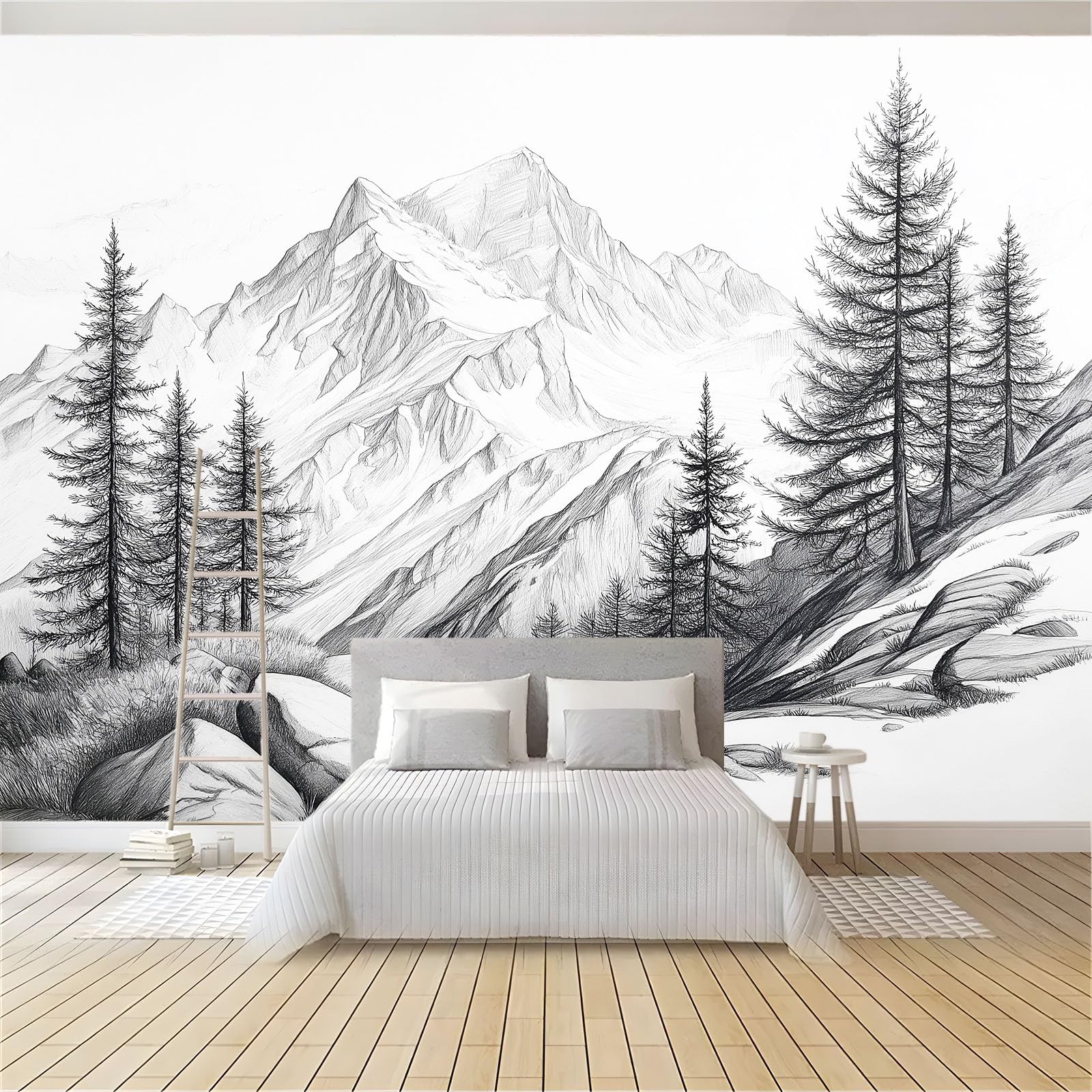 Carta da parati fotografica con disegno a matita di montagne e alberi, stile paesaggio naturale, 300 x 210 cm (larghezza x altezza), grande poster per soggiorno, camera da letto, sfondo TV