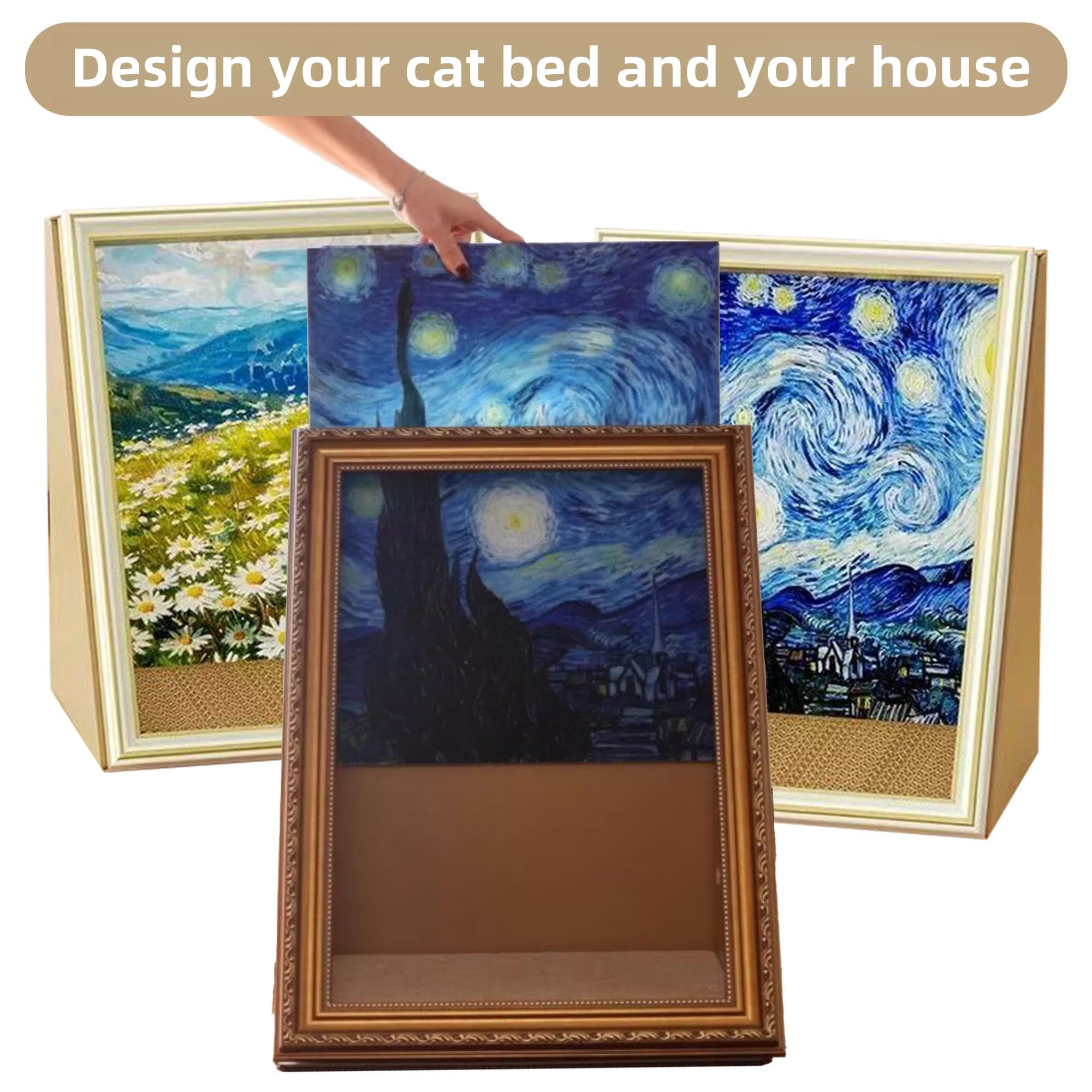 Art 3D Ölgemälde Katzennest für Künstler Kätzchen Kunst Rahmen Katzenbett mit Kratzbrett Katzenkratzpad für alle Jahreszeiten Indoor Katzenspielzeug Haus (Sternennacht, Vintage Rahmen)