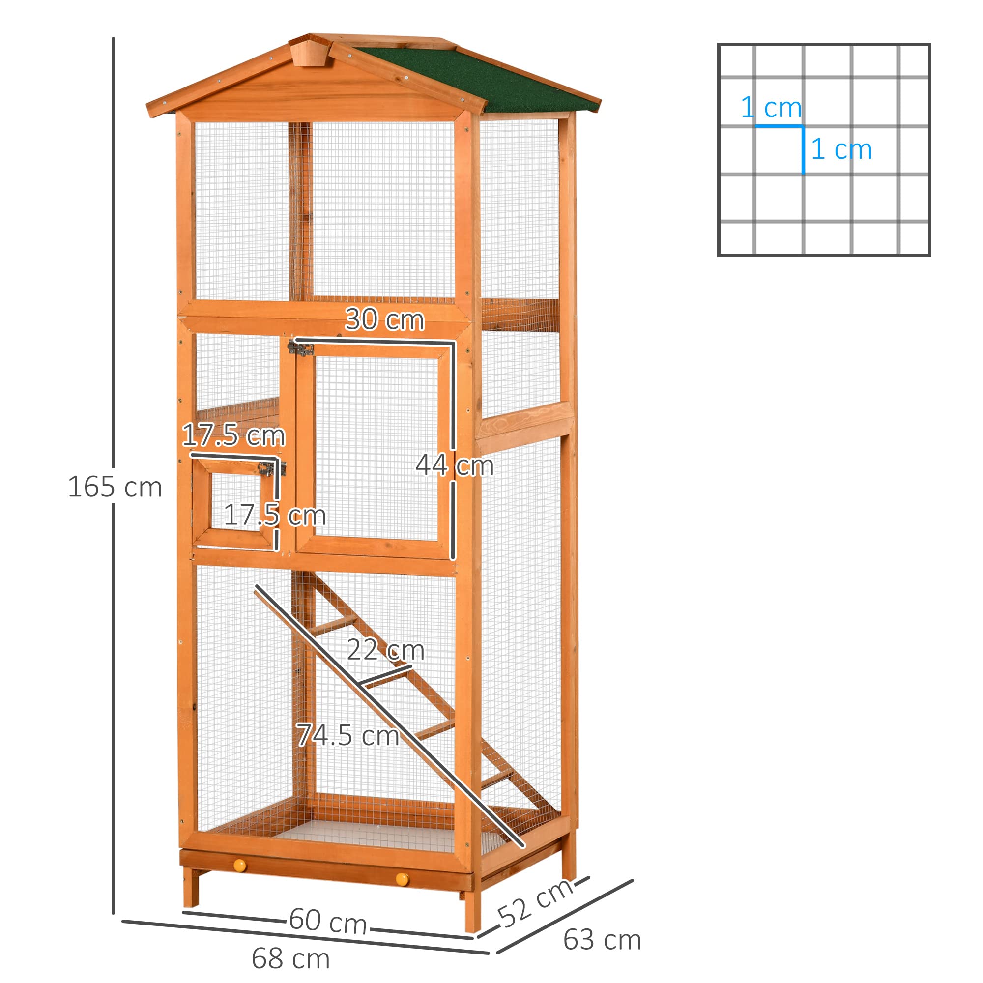 PawHut Vogelkäfig aus Fichtenholz und Metallgitter, Vogelvoliere für den Außenbereich mit 2 Türen, Asphaltdach und herausnehmbarer Schale, 68 x 63 x 165 cm, orange | Tannenholz und Metallgitter, Vogelvoliere, Dach aus Asphalt, herausnehmbares Tablett