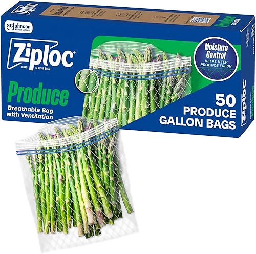 Ziploc Bolsas de almacenamiento de alimentos, sellan la parte superior para mantener y controlar la humedad, 50 bolsas en total
