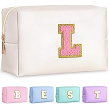 TOPEAST Personalized Birthday Gifts for Women, Preppy Patch Makeup Bag, Chenille Letter Pouch Cosmetic Bag, Travel Organizer, Gifts for Friends Cute Stuff for Women Pearly White L