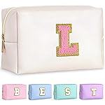 TOPEAST Personalized Birthday Gifts for Women, Preppy Patch Makeup Bag, Chenille Letter Pouch Cosmetic Bag, Travel Organizer, Gifts for Friends Cute Stuff for Women (Pearly White L)