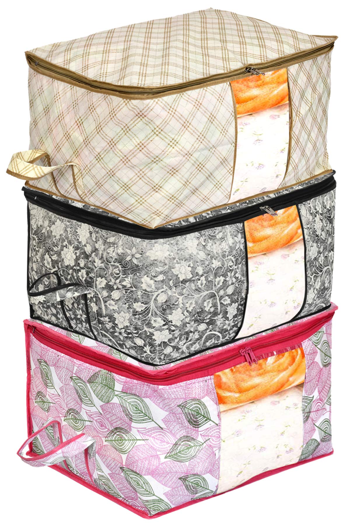 Kuber Industries Metalic Print Foldable Clothes Storage Bag Wardrobe Organizer Non Woven Fabric (Set of 3,Ivory & Black & Pink)-KUBMART16636-image-27