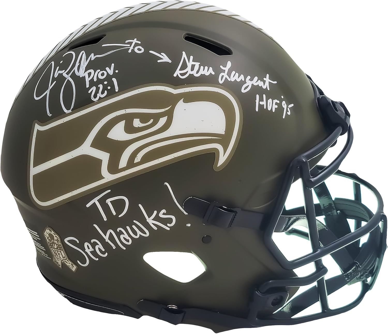 Steve Largent & Jim Zorn Autographed S.e.a.t.t.l.e Seahawks Camo Full Size Authentic Speed Football Helmet "TD Seahawks!" MCS Holo Stock #210442