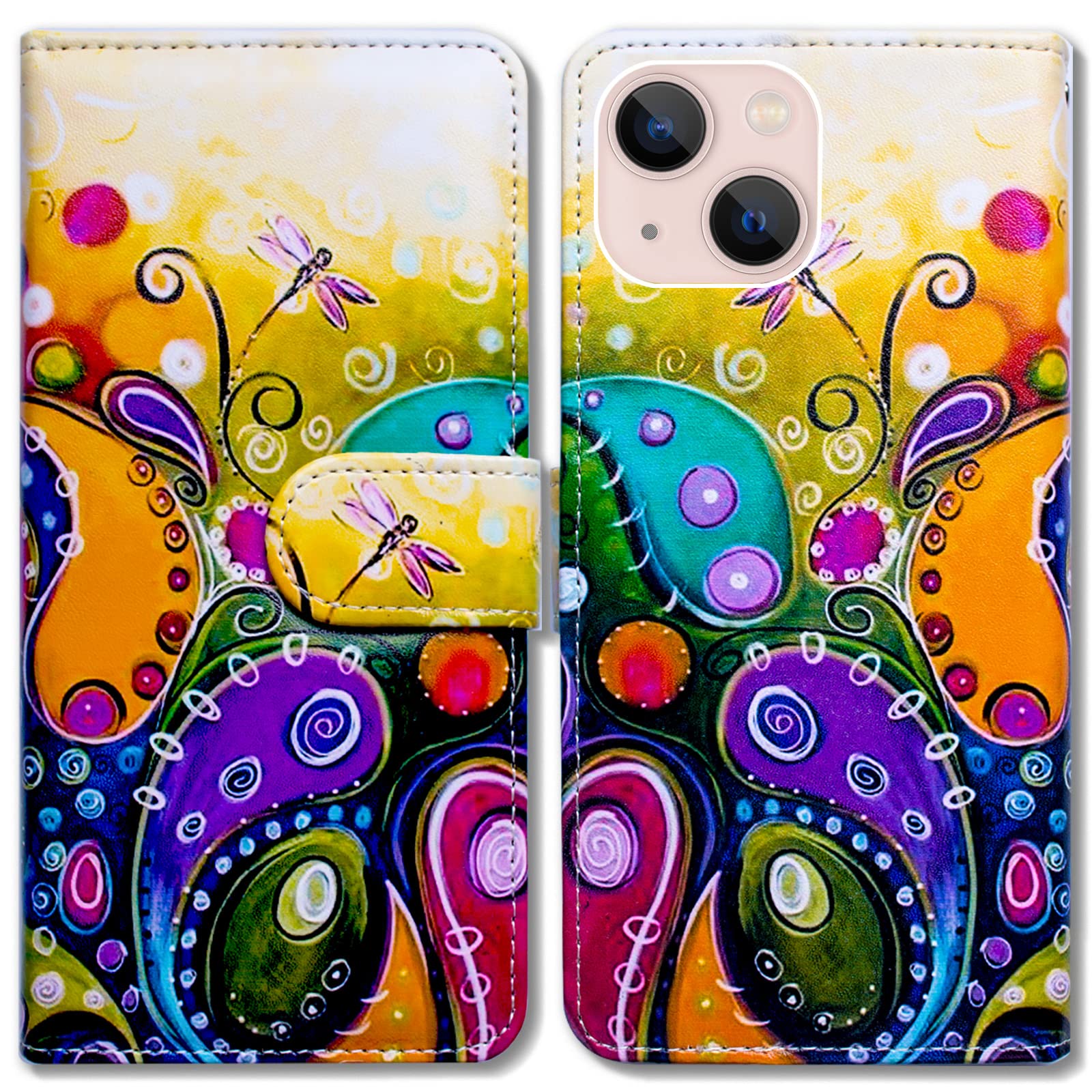 Bcov Case for iPhone 14, Colorful Dragonfly Leather Flip Phone Case Wallet Cover with Card Slot Holder Kickstand for iPhone 14
