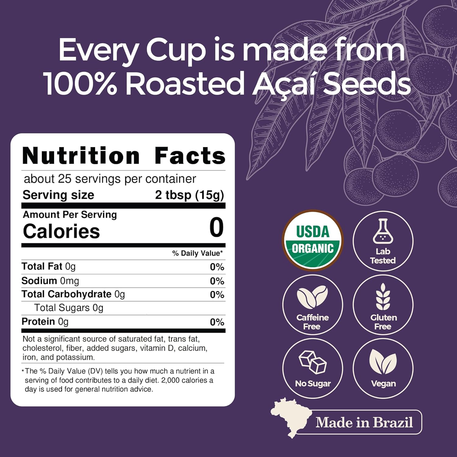 AmaZai USDA Organic Açaí Coffee Alternative | Roasted Açaí Seed Superfood | Caffeine-Free, Low Acid & Gut Friendly | Brews Like Coffee (25 servings)