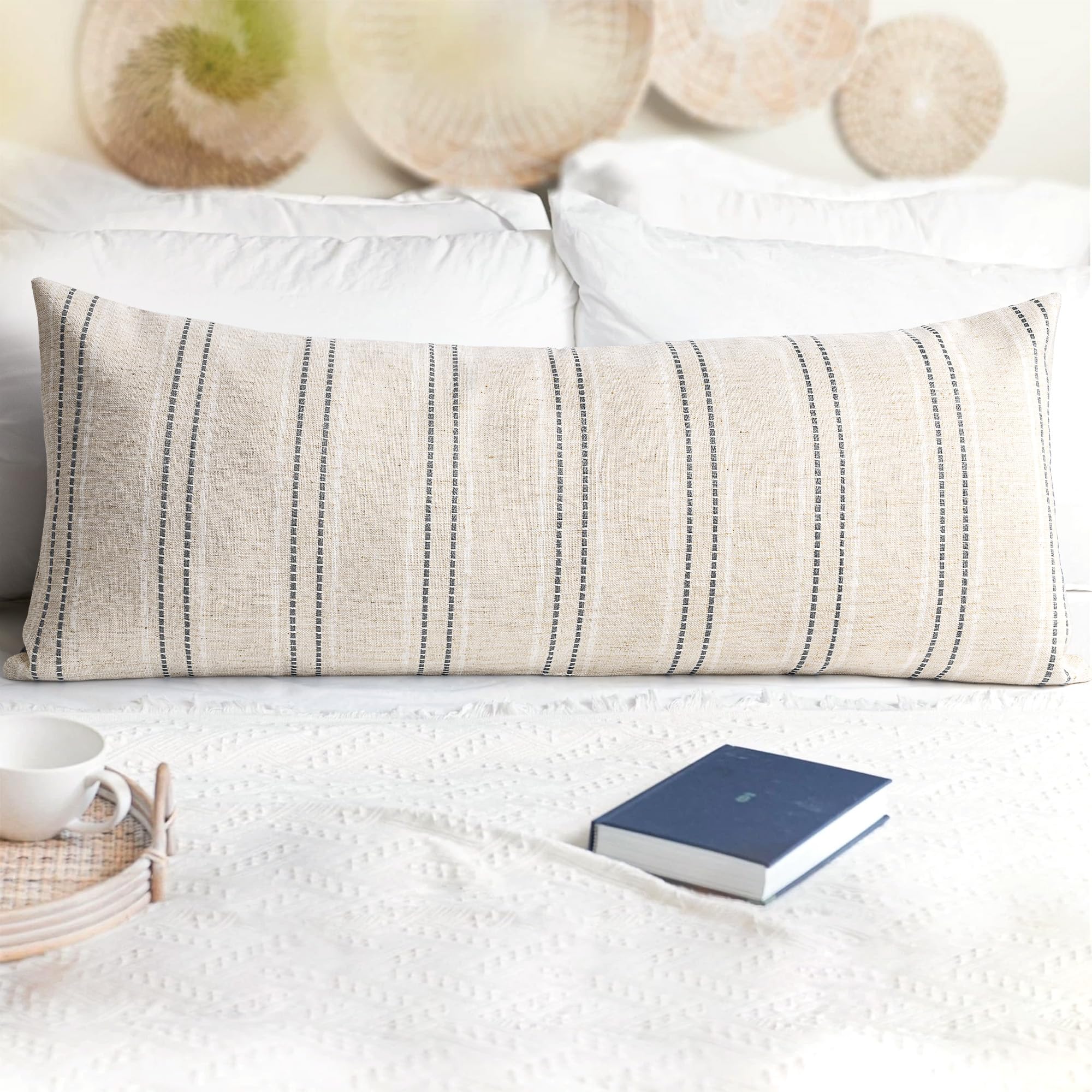 AELS 14x36 Decorative Lumbar Throw Pillow Covers, Farmhouse Linen Textured Long Pillow Case, Beige with White & Gray Stitch Boho Cushion Cover for Couch Living Room (Cover ONLY)