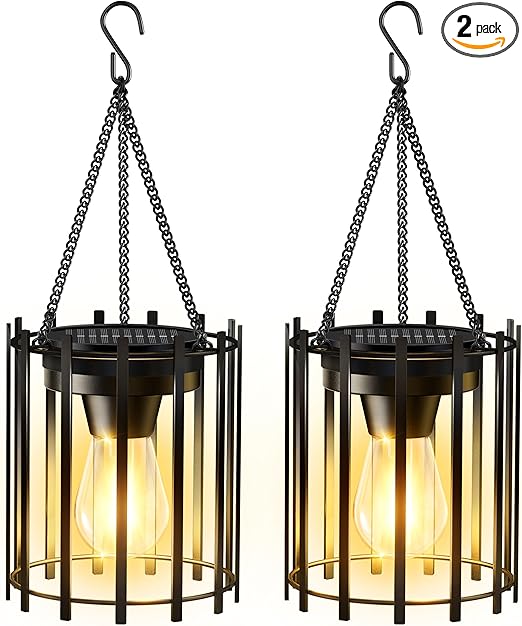 KOOPER Solar Lanterns Outdoor Waterproof, 14.56" Upgraded Bright Hanging Solar Lights Outdoor Lanterns Decorative, Auto ON/Off Metal Hanging Lantern Lights for Pathway Yard Patio Garden Decor 2 Pack