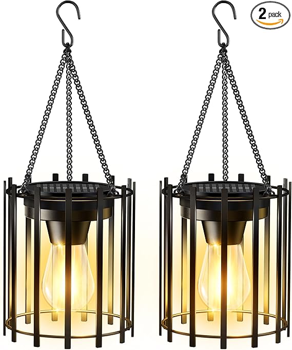 KOOPER Solar Lanterns Outdoor Waterproof, 14.56" Upgraded Bright Hanging Solar Lights Outdoor Lanterns Decorative, Auto ON/Off Metal Hanging Lantern Lights for Pathway Yard Patio Garden Decor 2 Pack